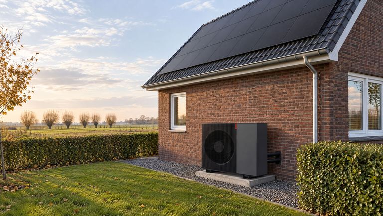 Klinkerhaus am Niederrhein mit Solardach und Viessmann-Wärmepumpe im Garten