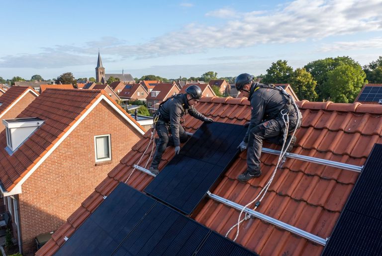 Monteure setzen Glas-Glas-Solarmodule auf ein Ziegeldach